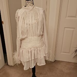 Chic White Long Sleeve Dress with Feather Details